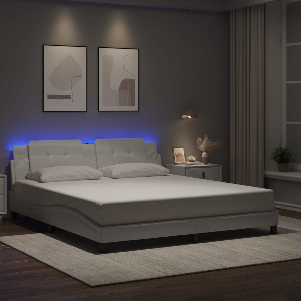 vidaXL Cadru de pat cu lumini LED, alb, 180x200 cm, piele ecologică