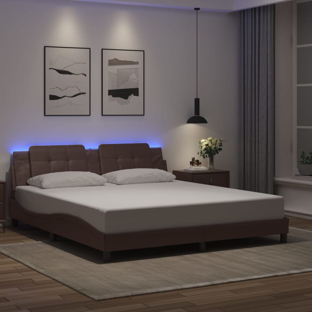 vidaXL Cadru de pat cu lumini LED, maro, 180x200 cm, piele ecologică