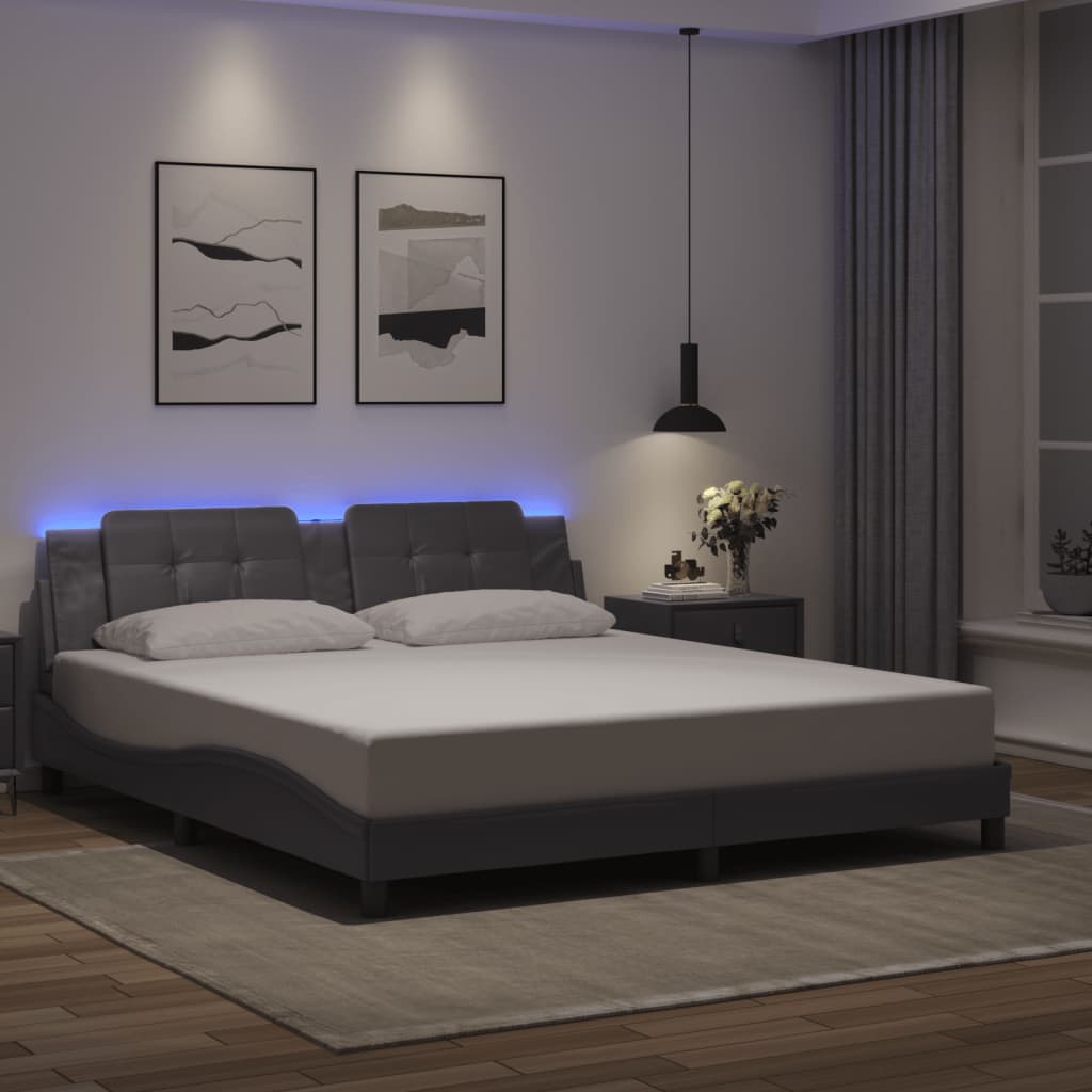 vidaXL Cadru de pat cu lumini LED, gri, 180x200 cm, piele ecologică