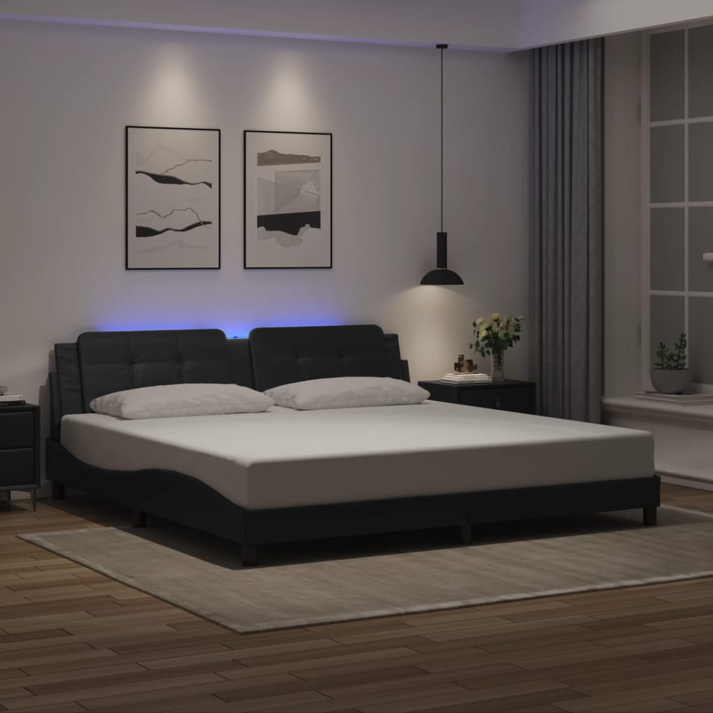 vidaXL Cadru de pat cu lumini LED, negru, 200x200 cm, piele ecologică