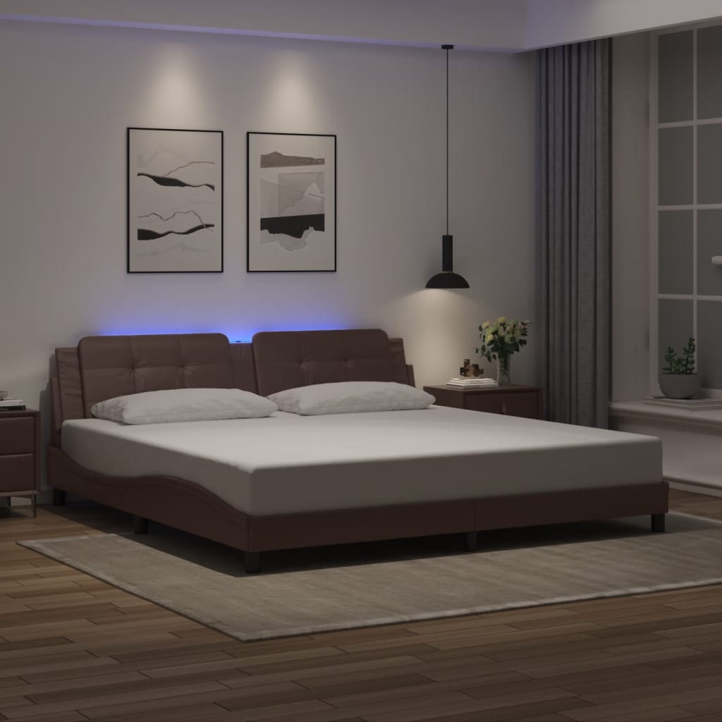 vidaXL Cadru de pat cu lumini LED, maro, 200x200 cm, piele ecologică