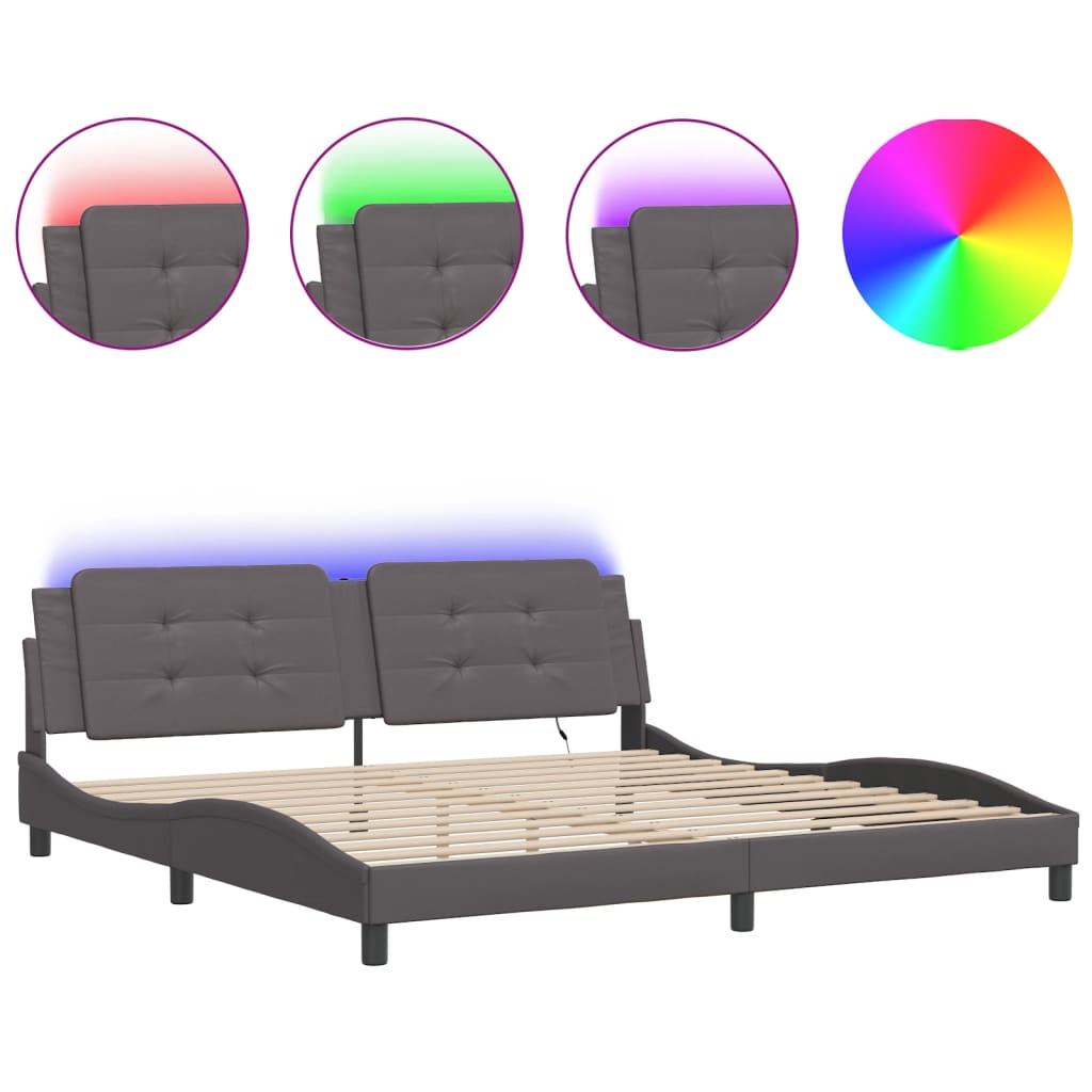 vidaXL Rám postele s LED osvětlením šedý 200 x 200 cm umělá kůže
