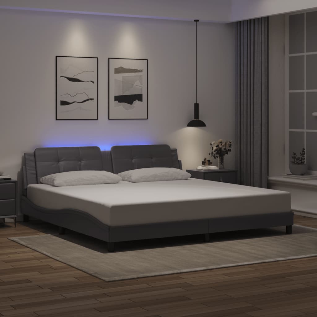 vidaXL Cadru de pat cu lumini LED, gri, 200x200 cm, piele ecologică