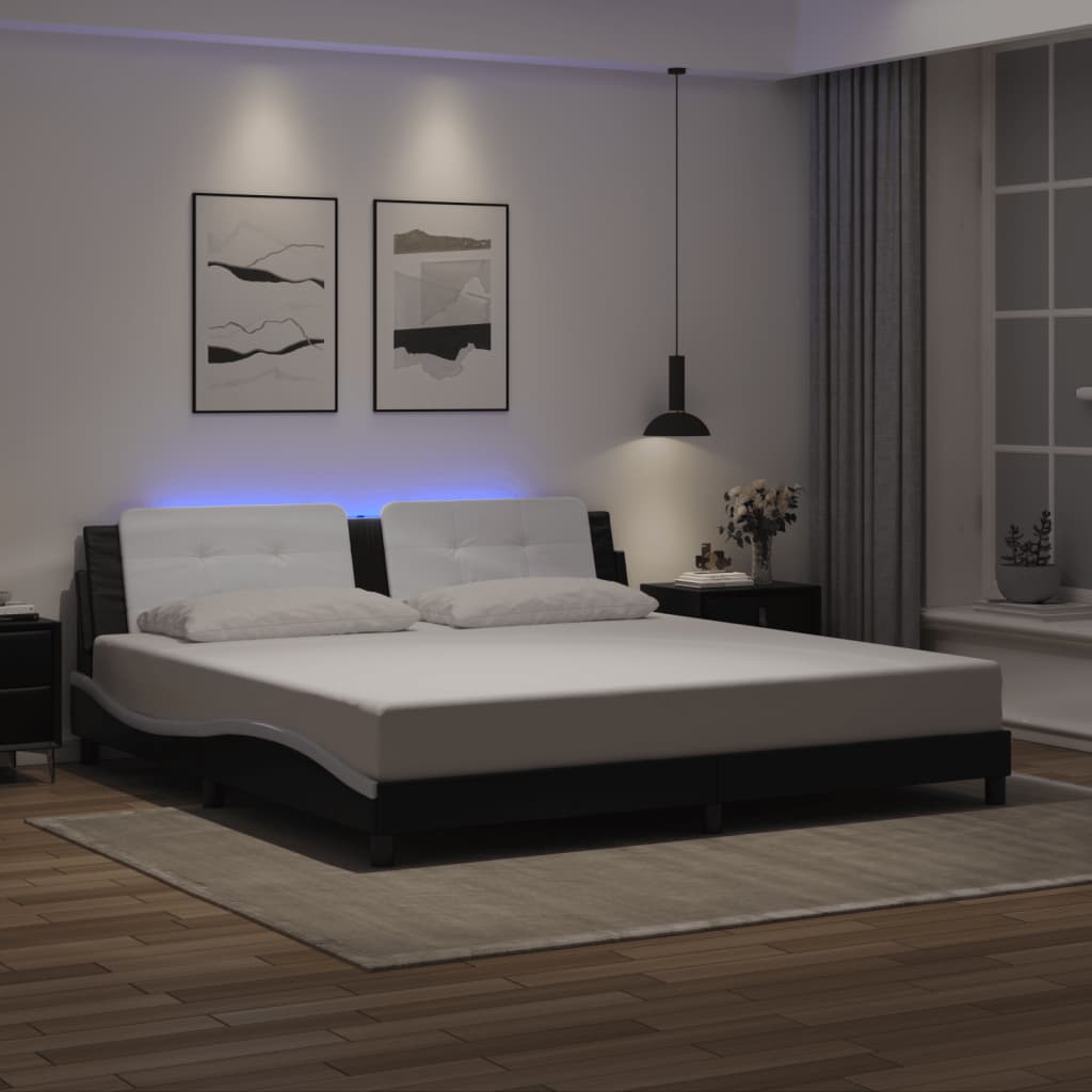 vidaXL Cadru de pat cu lumini LED negru/alb 200x200 cm piele ecologică