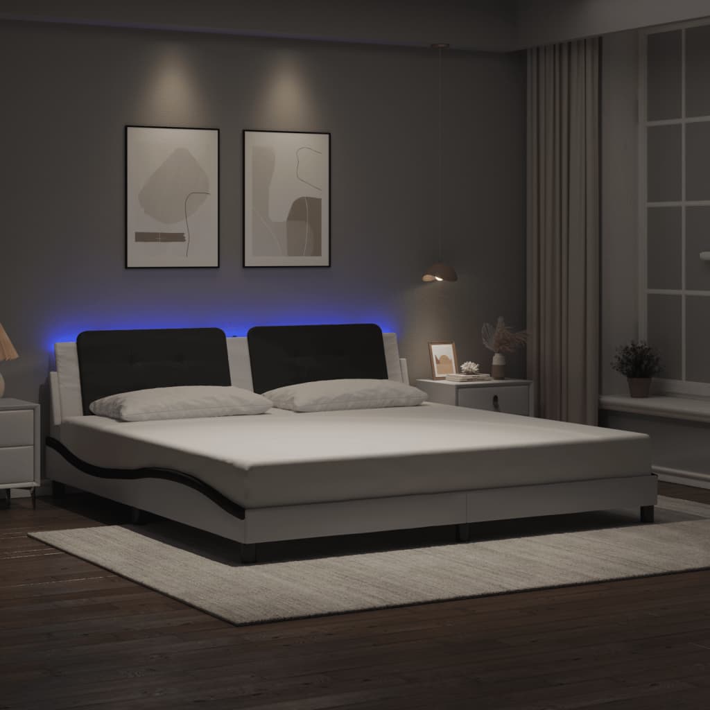 vidaXL Cadru de pat cu lumini LED alb/negru 200x200 cm piele ecologică