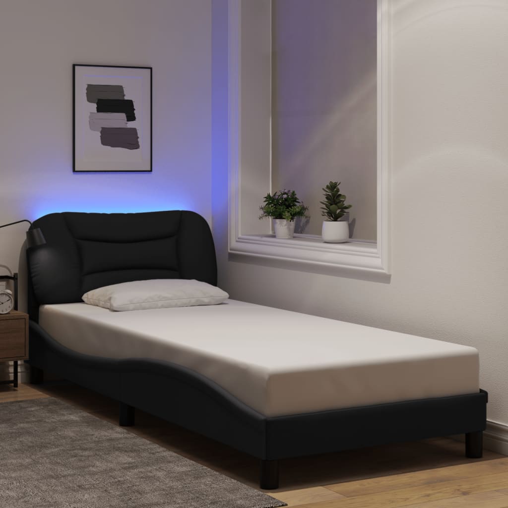 vidaXL Cadru de pat cu lumini LED, negru, 90x190 cm, textil