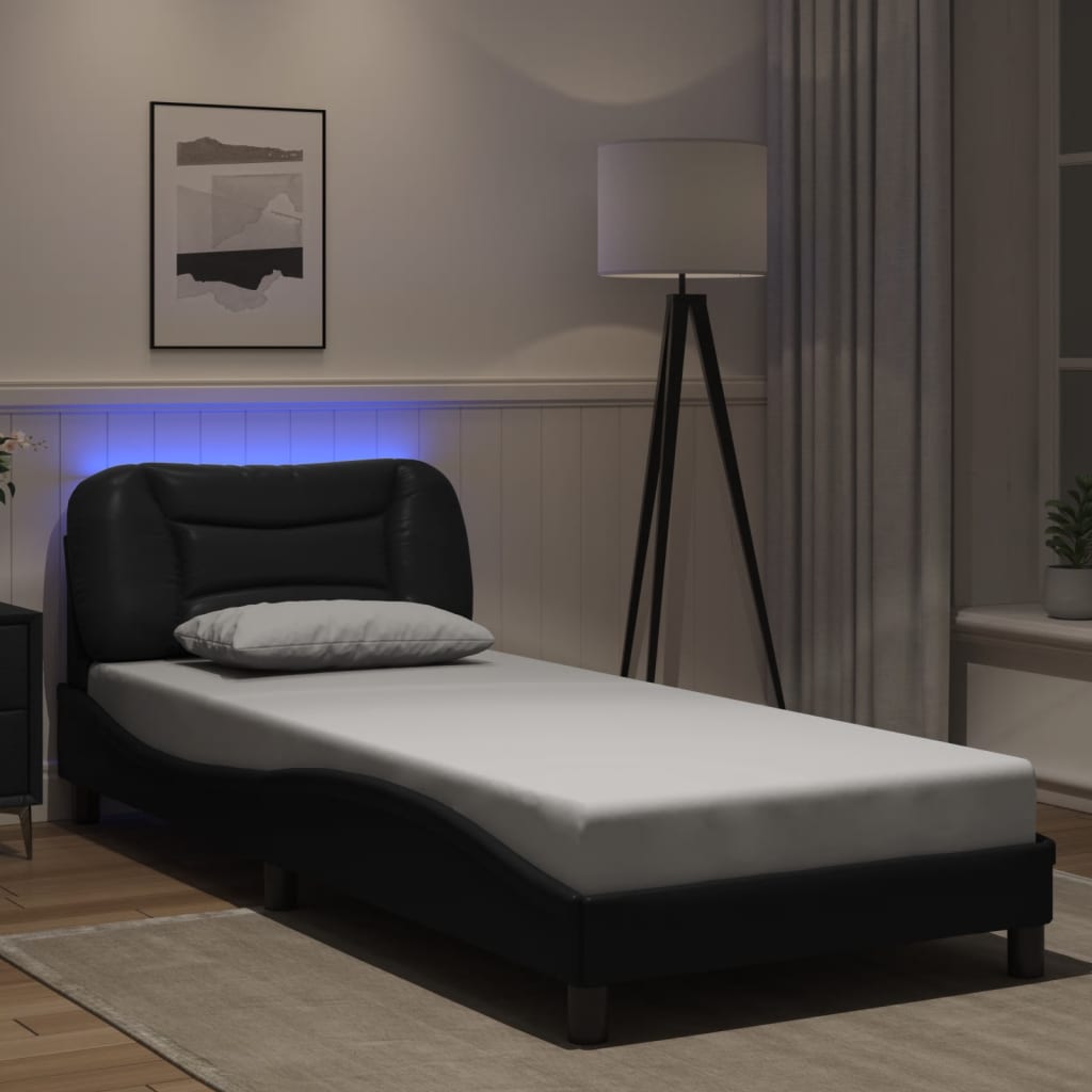 vidaXL Cadru de pat cu lumini LED, negru, 90x190 cm, piele ecologică