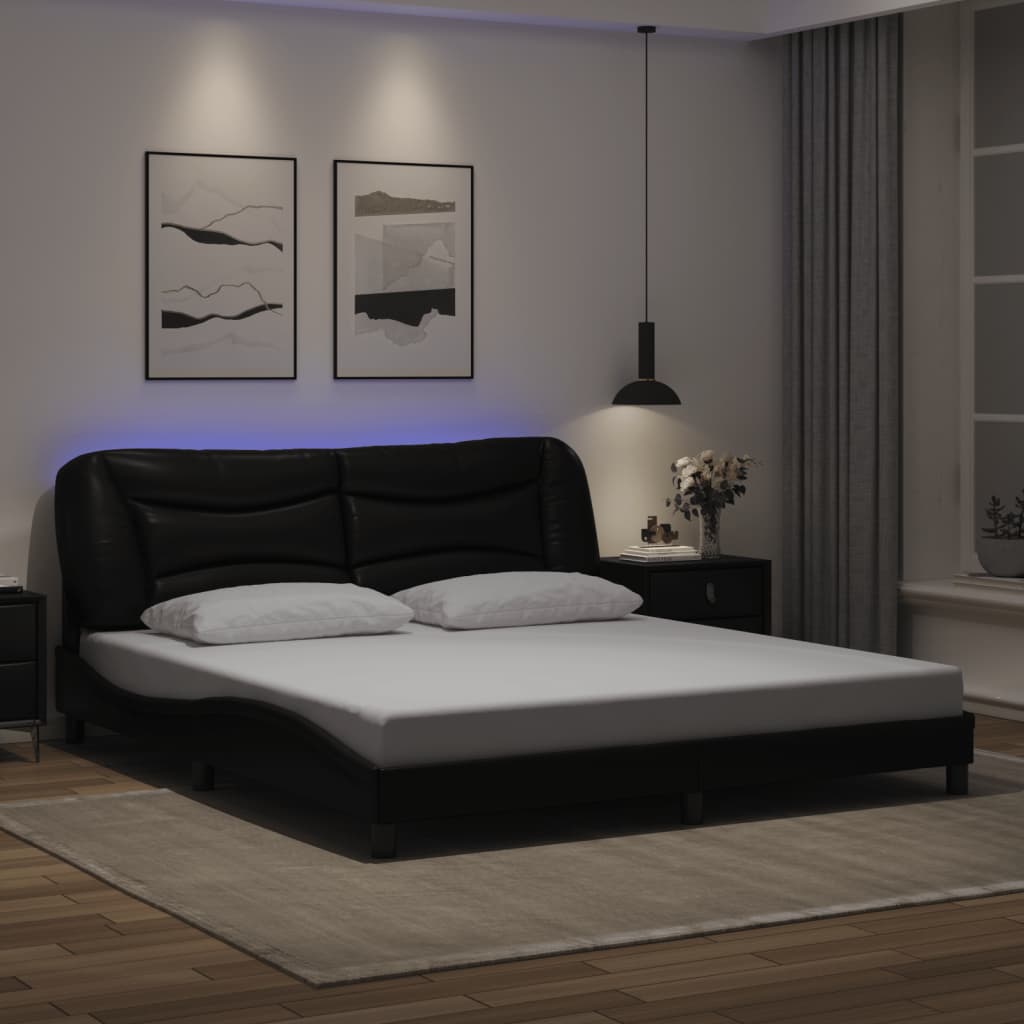 vidaXL Cadru de pat cu lumini LED, negru, 180x200 cm, piele ecologică