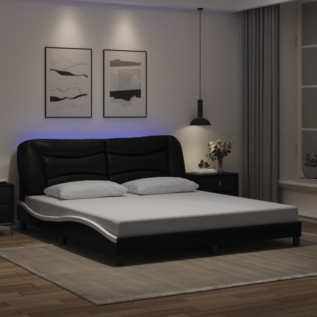 vidaXL Cadru de pat cu lumini LED negru/alb 180x200 cm piele ecologică