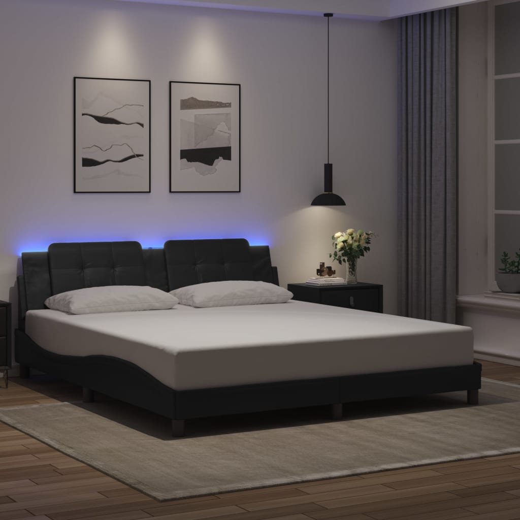 vidaXL Cadru de pat cu lumini LED, negru, 180x200 cm, piele ecologică