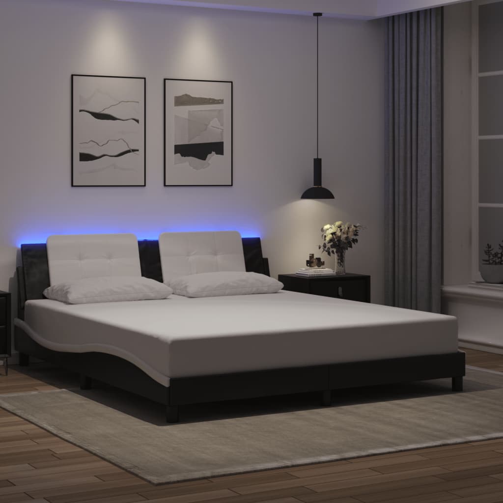 vidaXL Cadru de pat cu lumini LED negru/alb 180x200 cm piele ecologică