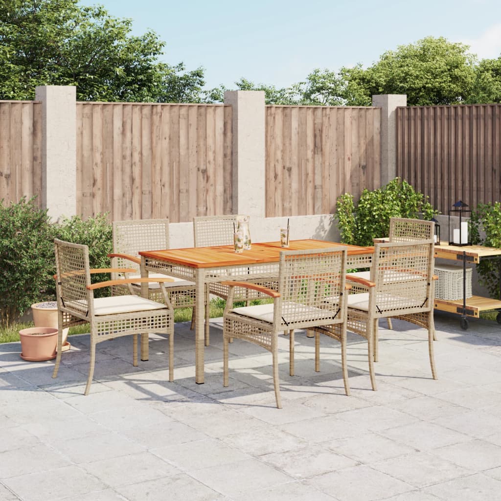 vidaXL 7-tlg. Garten-Essgruppe mit Kissen Beige Poly Rattan