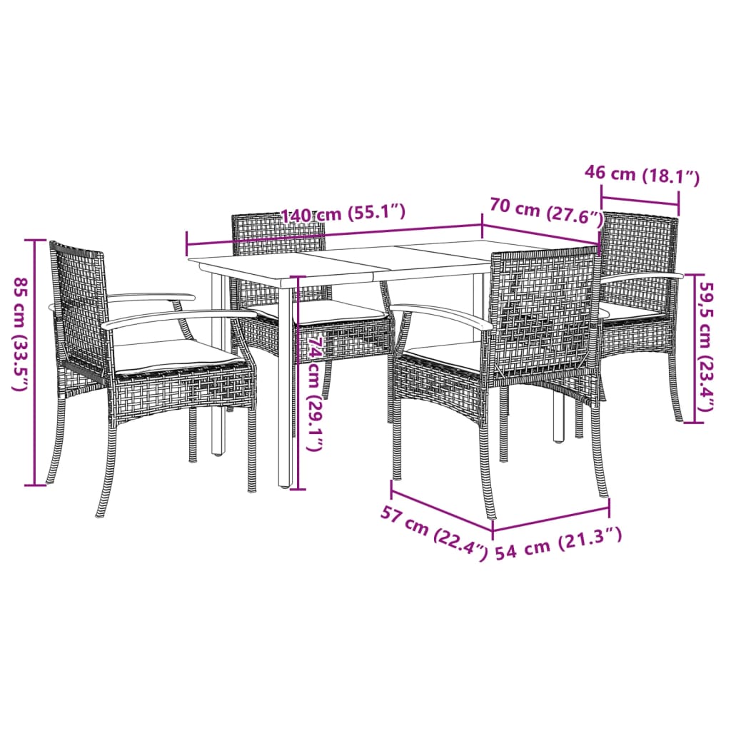 5 Piece Garden Dining Set with Cushions Black Poly Rattan 3213605