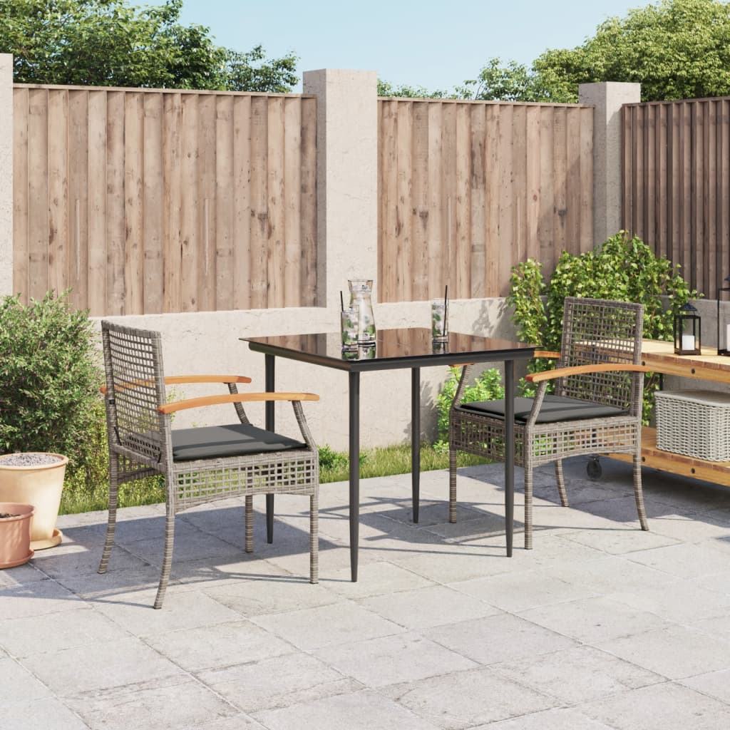 vidaXL 3 pcs conjunto de jantar p/ jardim c/ almofadões vime PE cinza