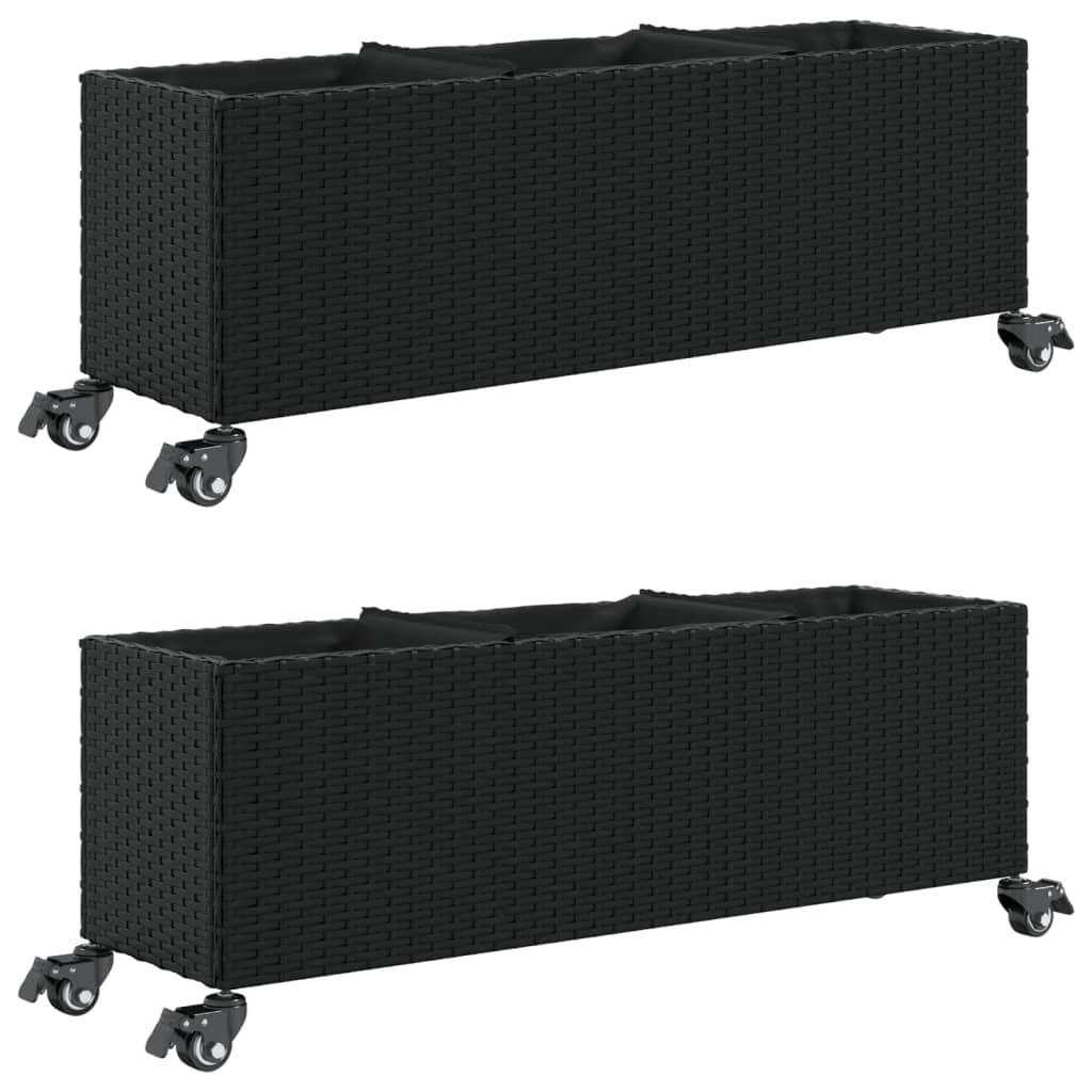 vidaXL Záhradné kvetináče kolieska 2 ks čierne 107x32x38 cm polyratan