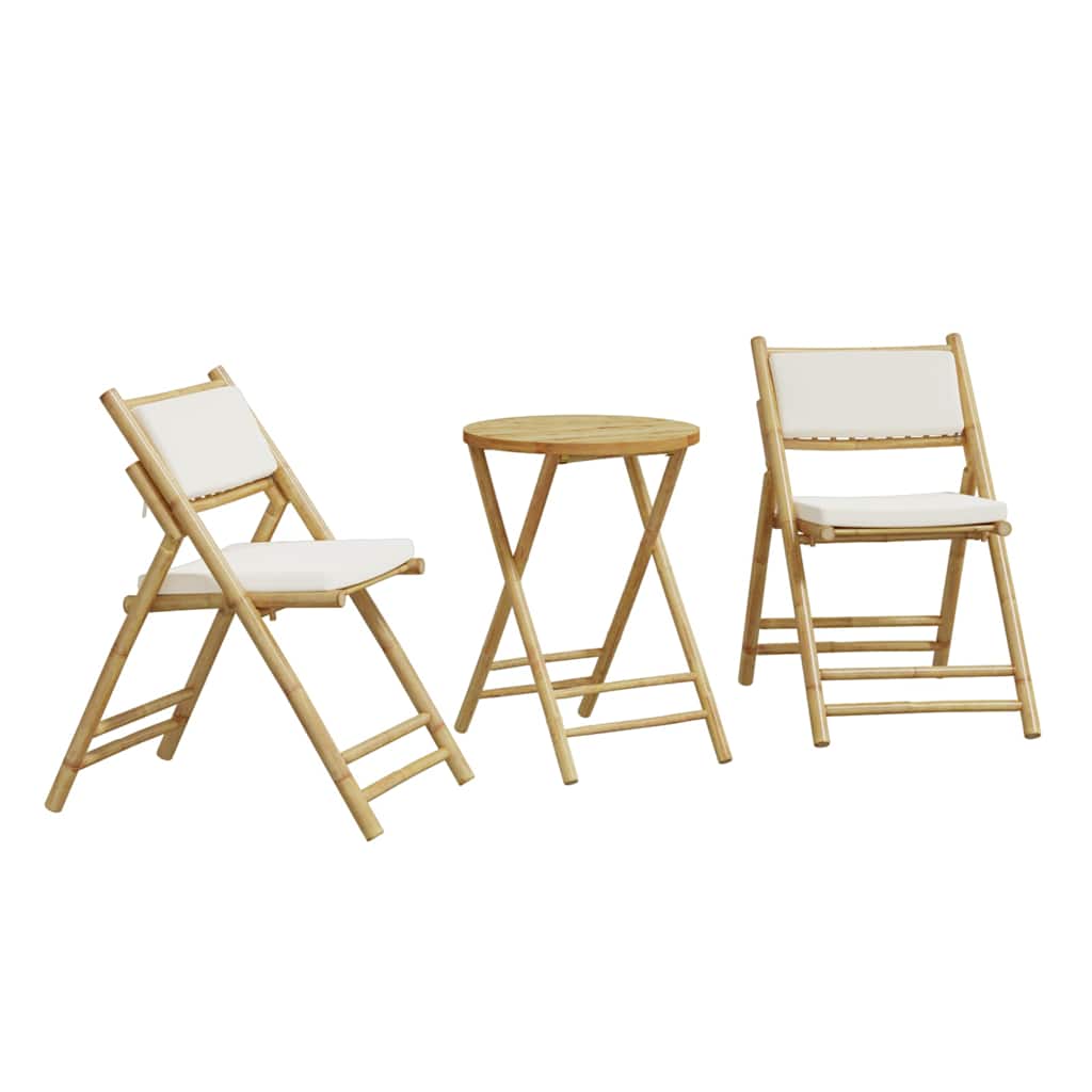 vidaXL Set de bistro pliabil, 3 piese, cu perne alb crem, bambus