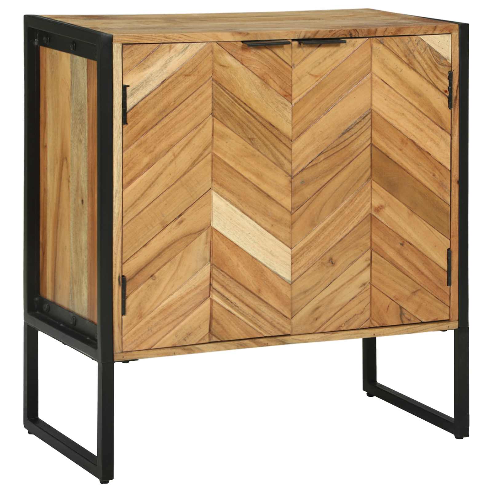 Chevron-patterned solid acacia wood sideboard with black metal legs, front view on a white background.