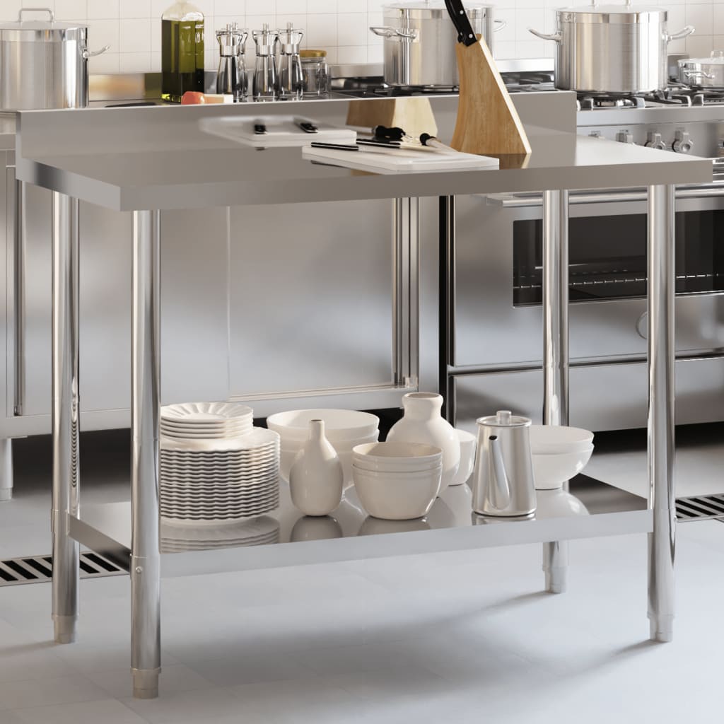 vidaXL arbejdsbord til køkken m. stænkplade 110x55x93 cm rustfrit stål