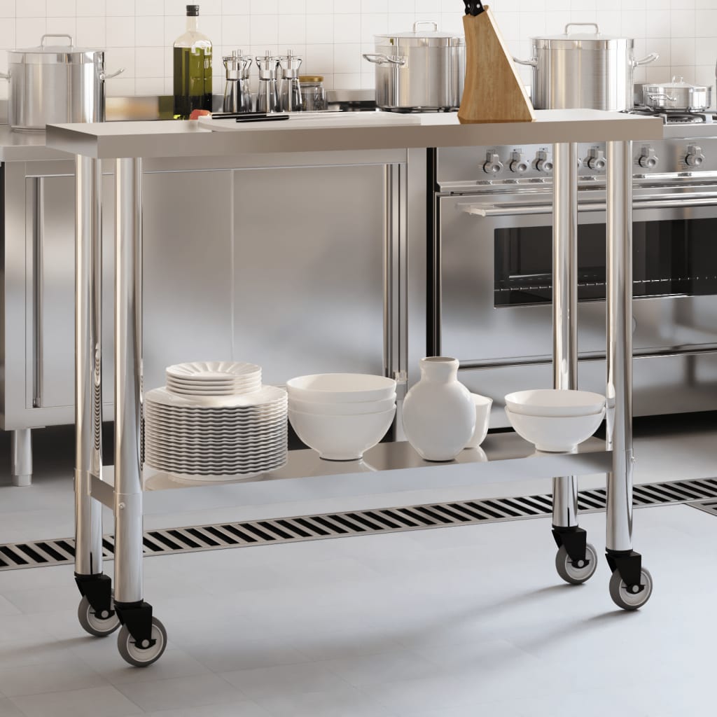 Mesa de trabajo para cocina con ruedas fabricada en acero inoxidable con  acabado en color plateado VidaXL