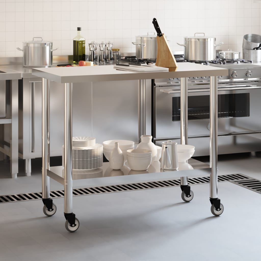vidaXL Keukenwerktafel met wielen 110x55x85 cm roestvrij staal afbeelding