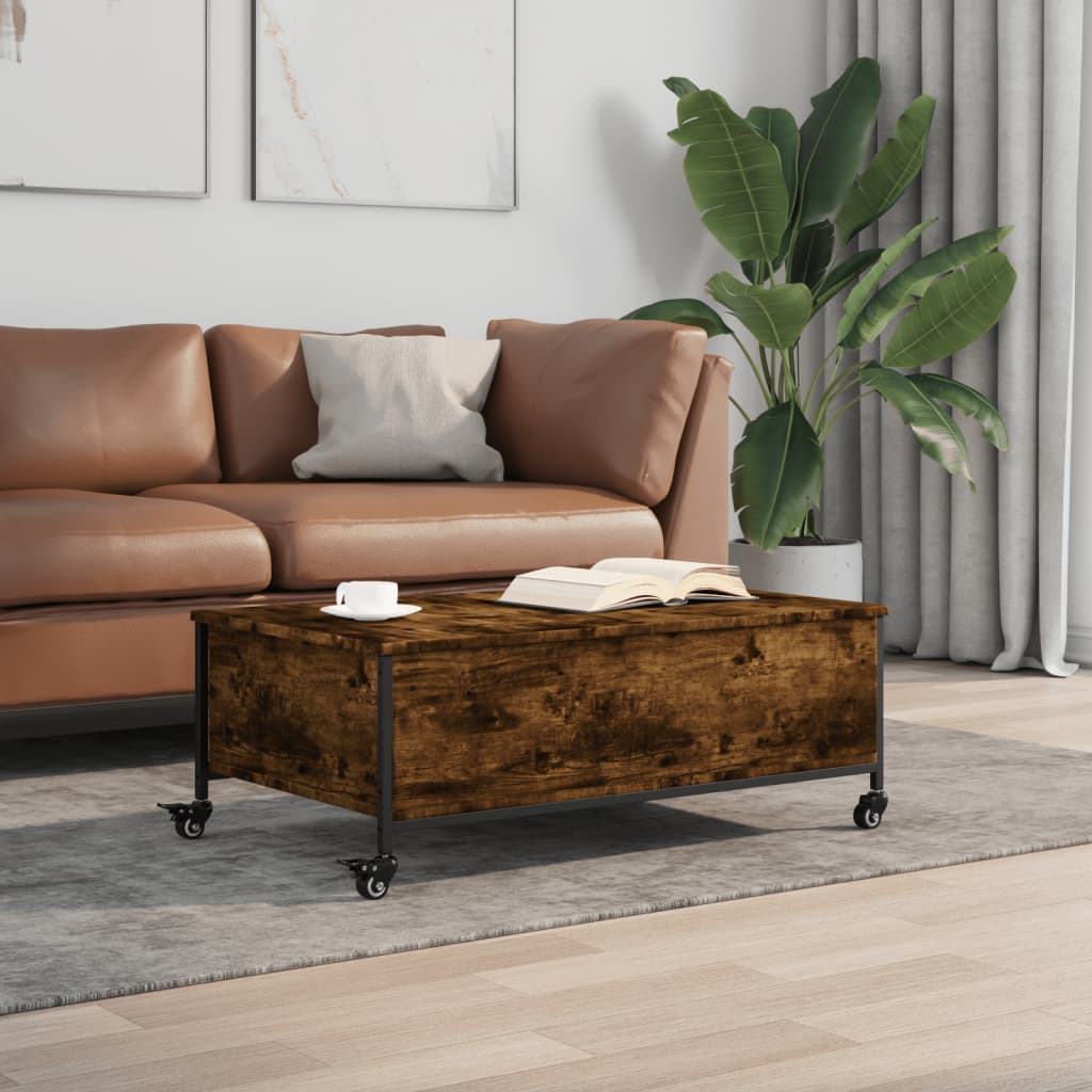 vidaXL Sohvapöytä pyörillä savutammi 91x55x34 cm tekninen puu