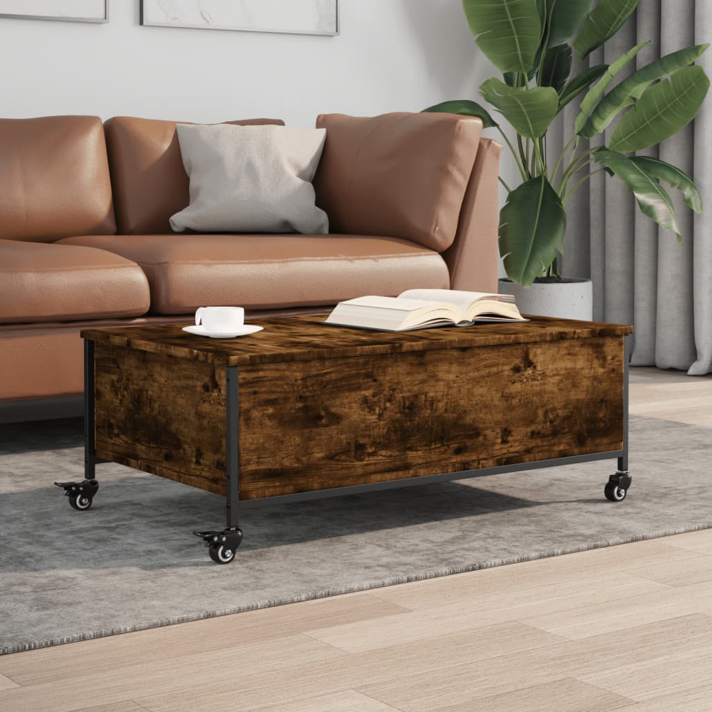 vidaXL sofabord med hjul 91x55x34 cm konstrueret træ røget egetræ