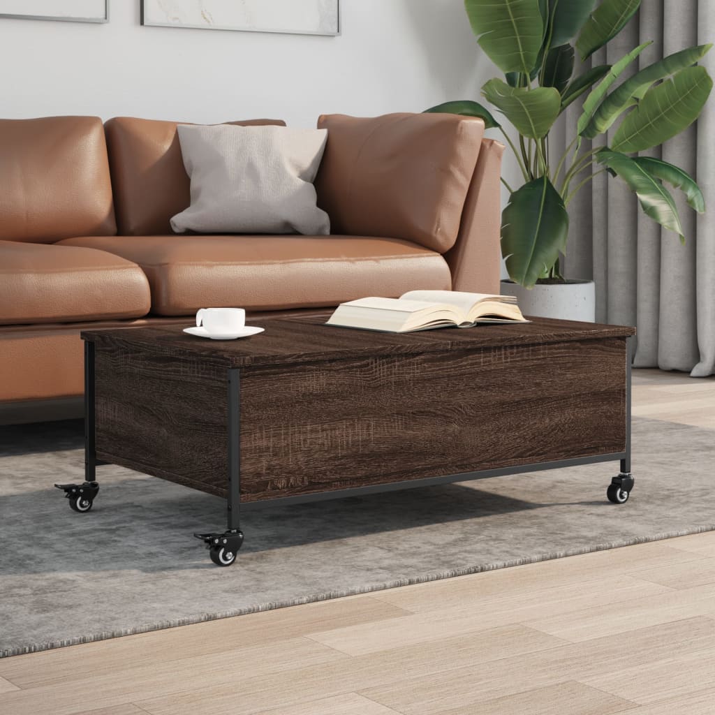 vidaXL sofabord med hjul 91x55x34 cm konstrueret træ brunt egetræ