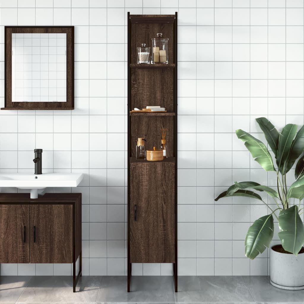 Barna tölgyszínű szerelt fa fürdőszobaszekrény 33x33x185,5 cm 