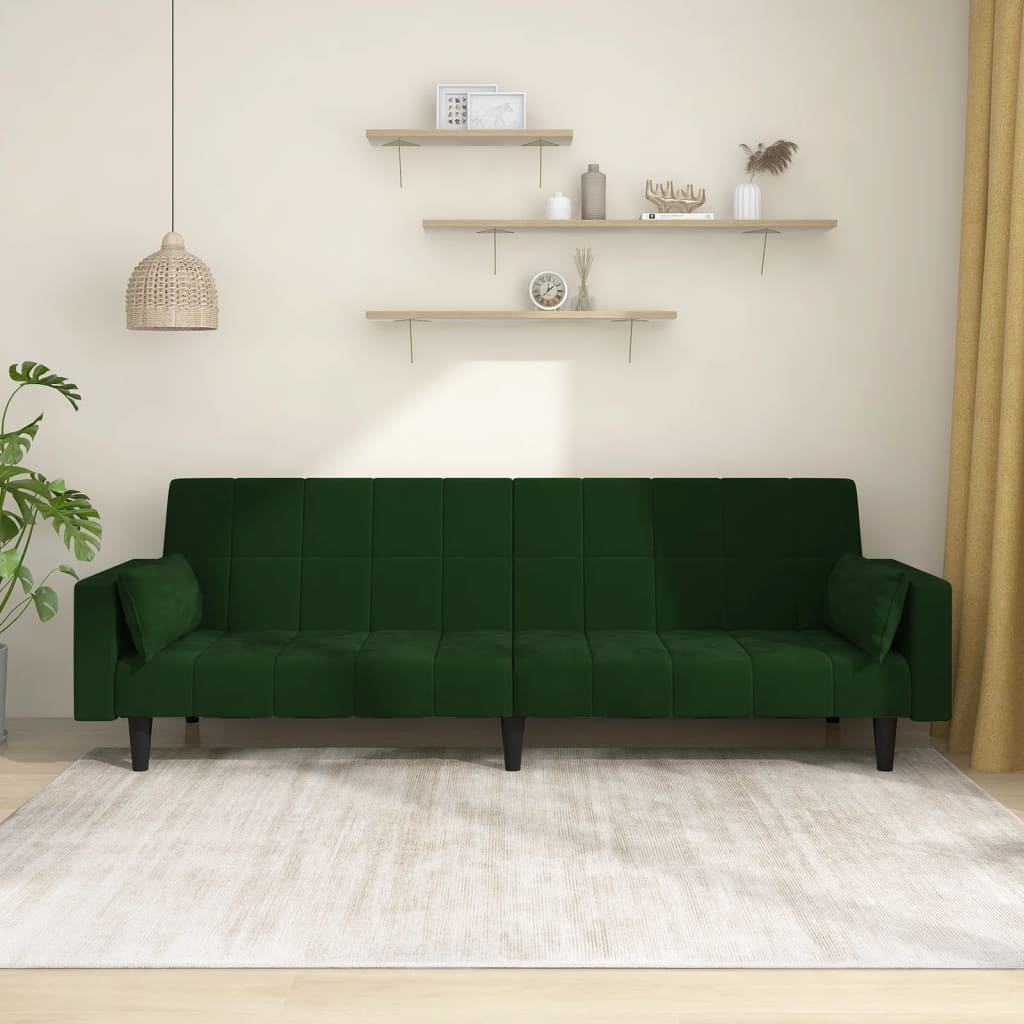 vidaXL Canapea extensibilă cu 2 locuri, 2 perne, verde închis catifea