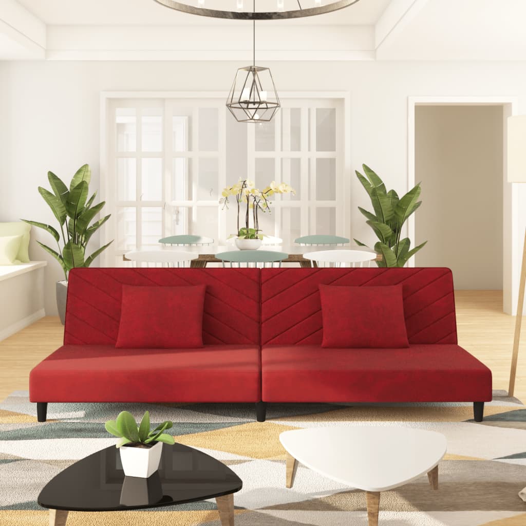 vidaXL Sofá-cama 2 lugares com duas almofadas veludo vermelho tinto