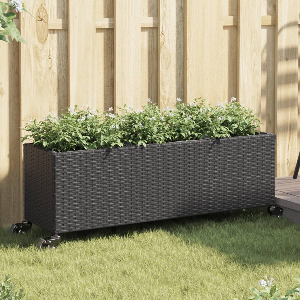 vidaXL Jardinieră grădină roți/3 ghivece, negru 107x32x38 cm poliratan