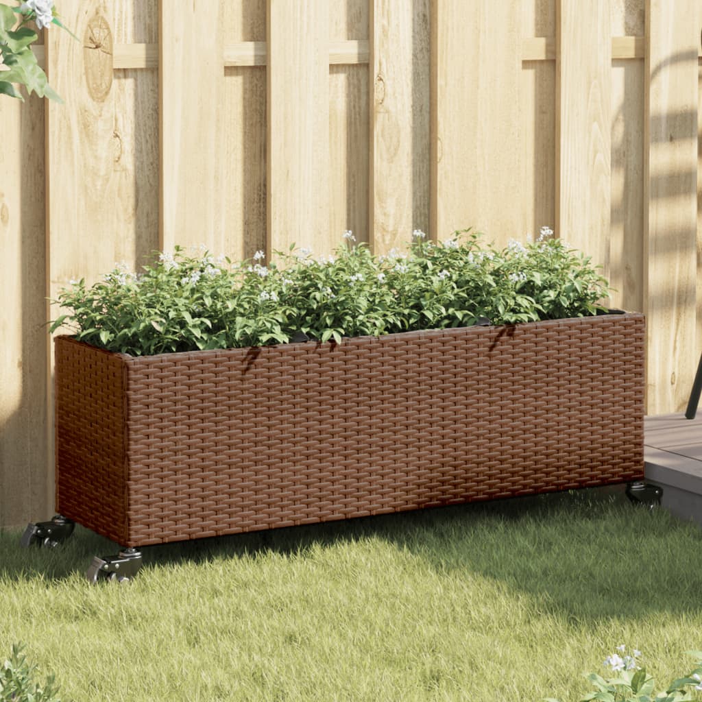 vidaXL Jardinieră grădină cu roți/3 ghivece maro 107x32x38cm poliratan