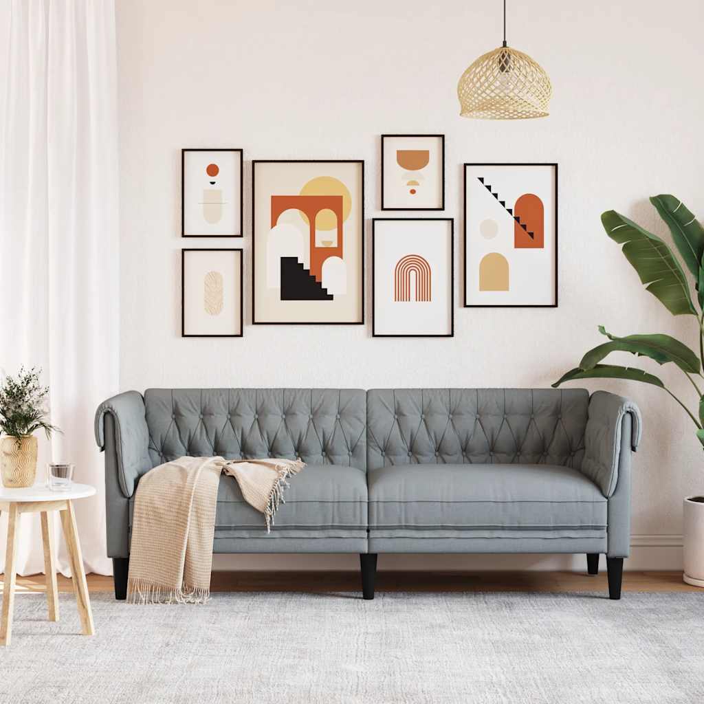 vidaXL Driezitsbank Chesterfield-stijl stof lichtgrijs afbeelding