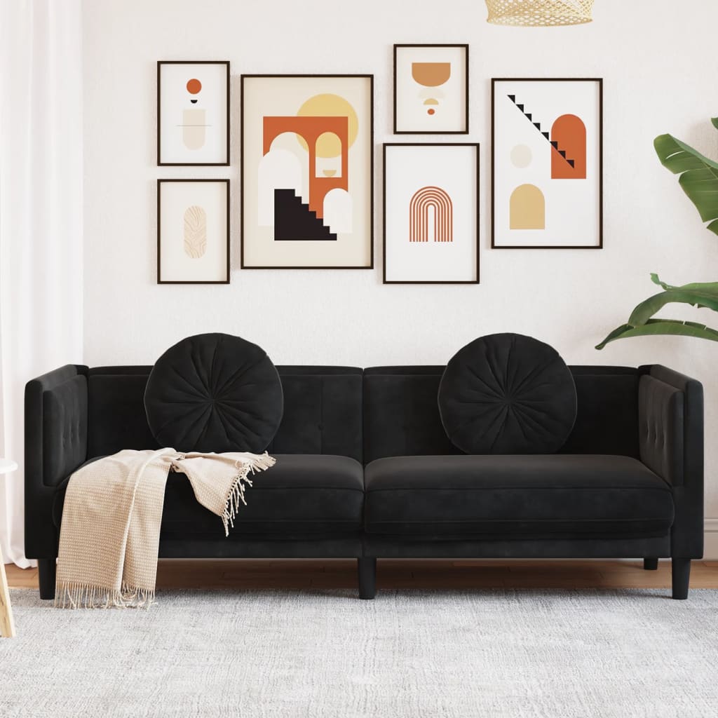 vidaXL Sofa mit Kissen 3-Sitzer Schwarz Samt