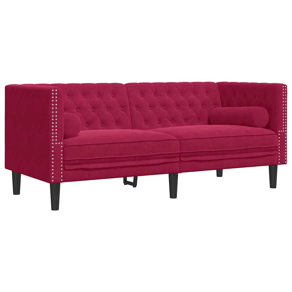 vidaXL 2 személyes bordó bársony Chesterfield kanapé hengerpárnákkal-image-372687