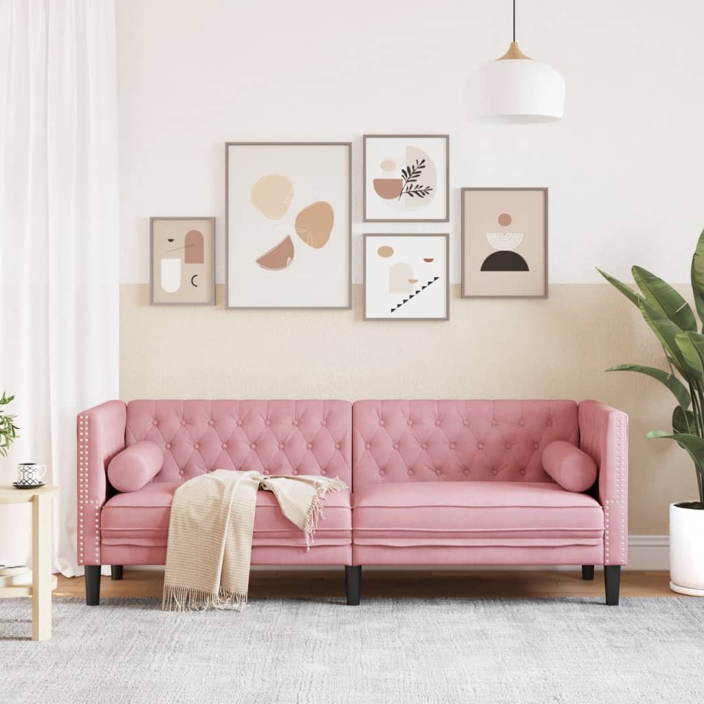 vidaXL Chesterfield-Sofa mit Nackenrollen 3-Sitzer Rosa Samt