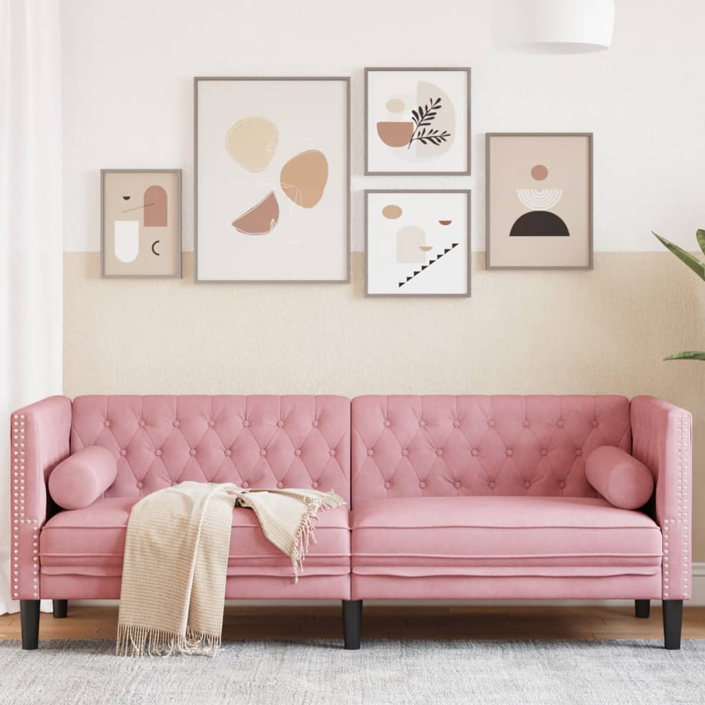 Chesterfield-Sofa mit Nackenrollen 3-Sitzer Rosa Samt