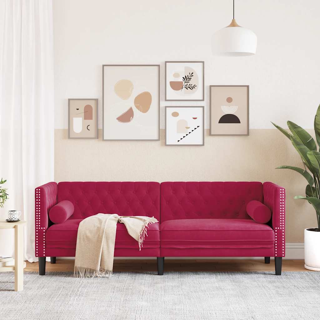 vidaXL Driezitsbank Chesterfield-stijl met bolsters fluweel wijnrood, foto 2