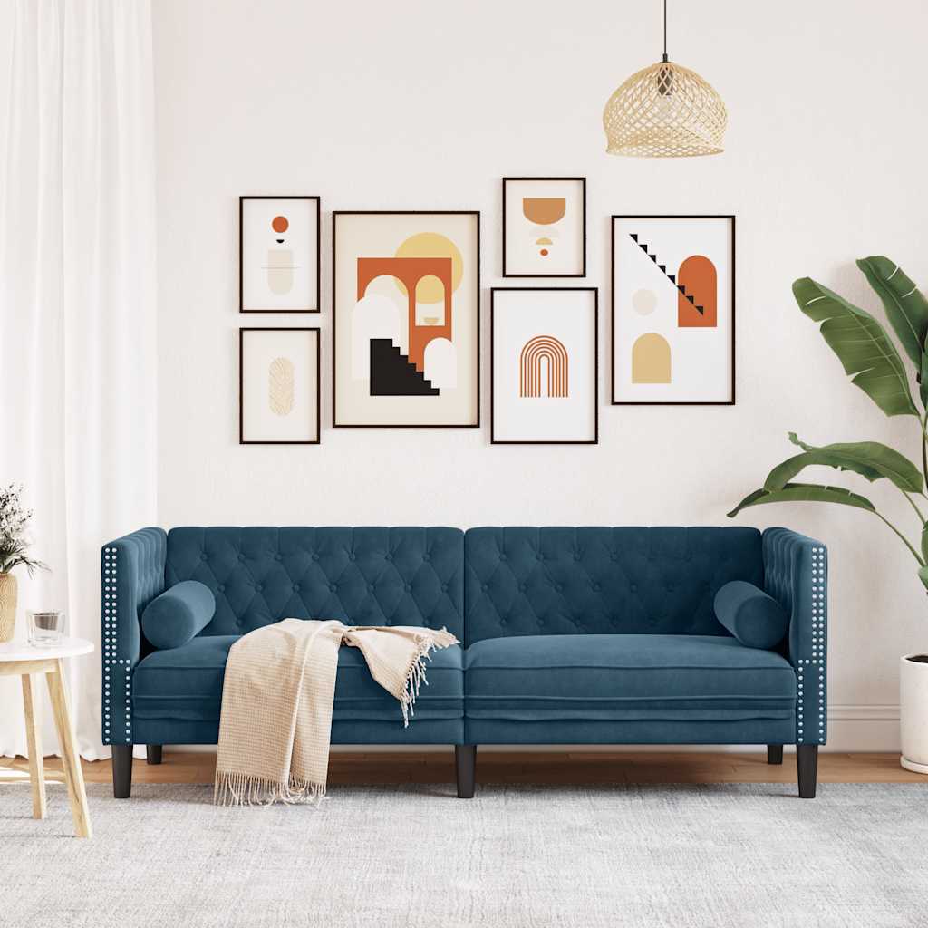 vidaXL Driezitsbank Chesterfield-stijl met bolsters fluweel blauw, foto 2