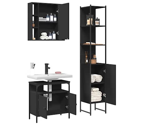 vidaXL 3 Piece Bathroom Cabinet Set Black Engineered Wood | vidaXL.com