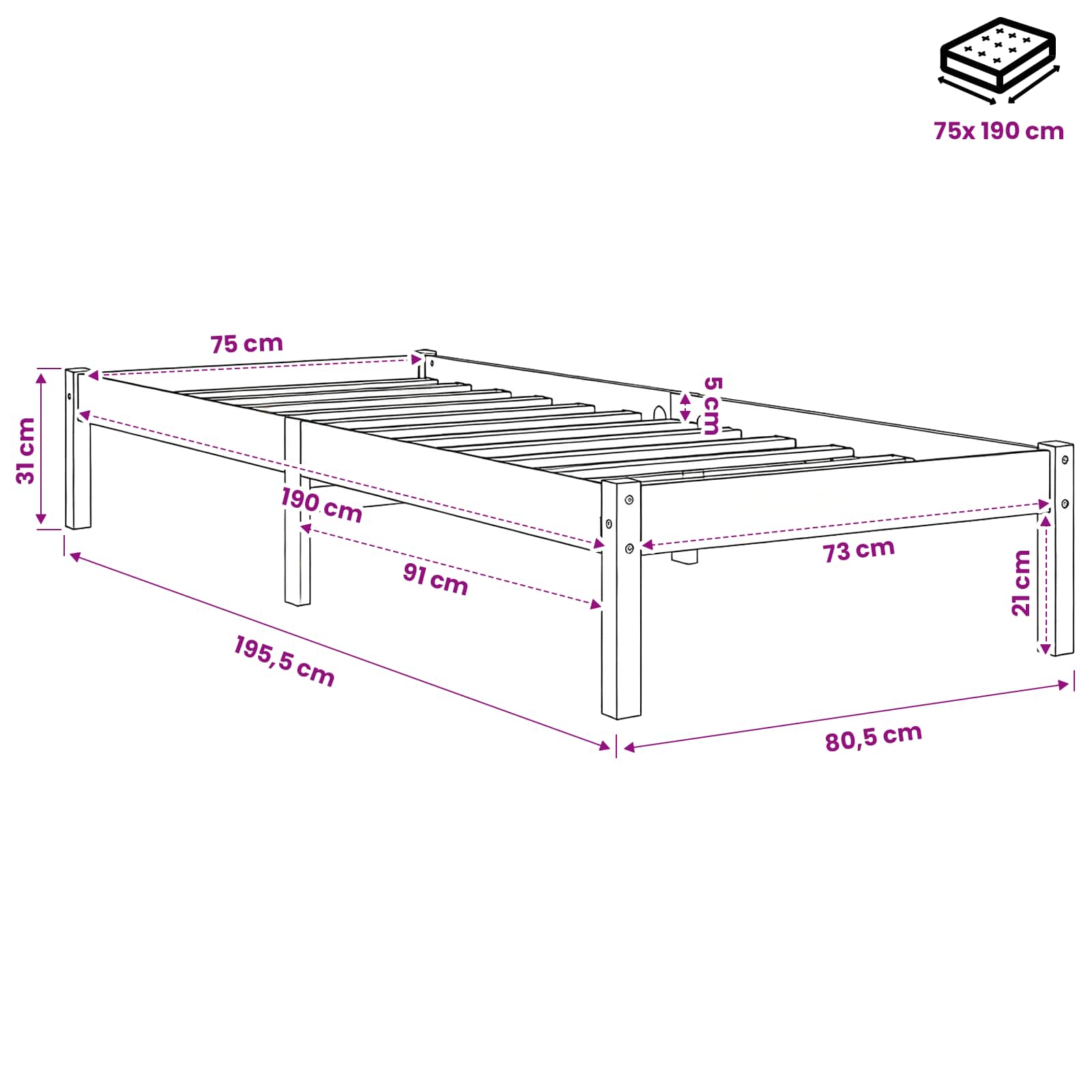 Bed Frame without Mattress Solid Wood Pine size guide