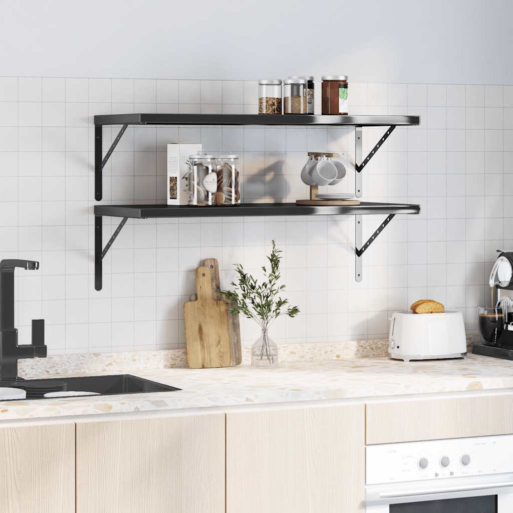 vidaXL Wandschappen 2 st 100x40x3 cm roestvrijstaal zwart afbeelding