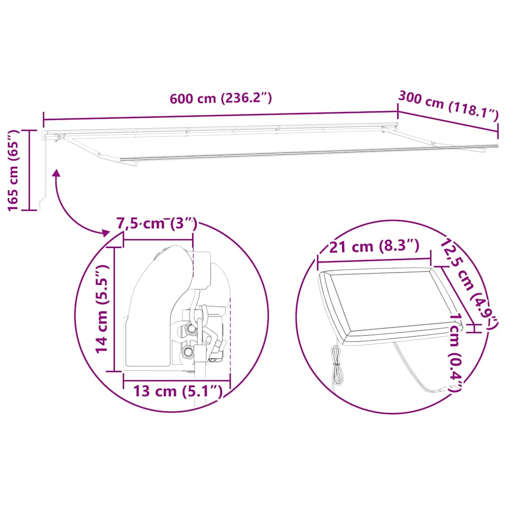 Luifel handmatig uittrekbaar met LED 600x300 cm bordeauxrood image 14