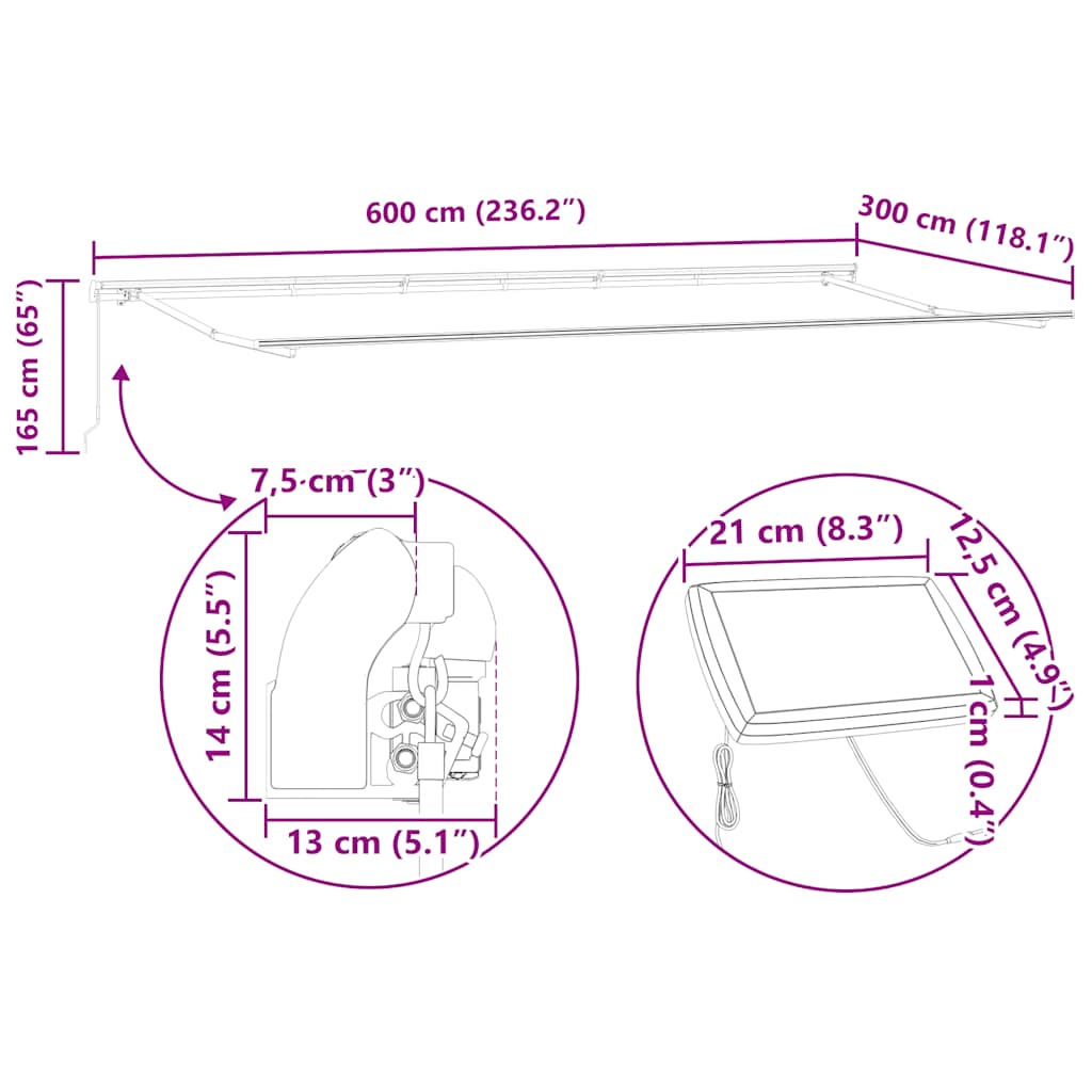 Luifel handmatig uittrekbaar met LED 600x300 cm bruin image 14