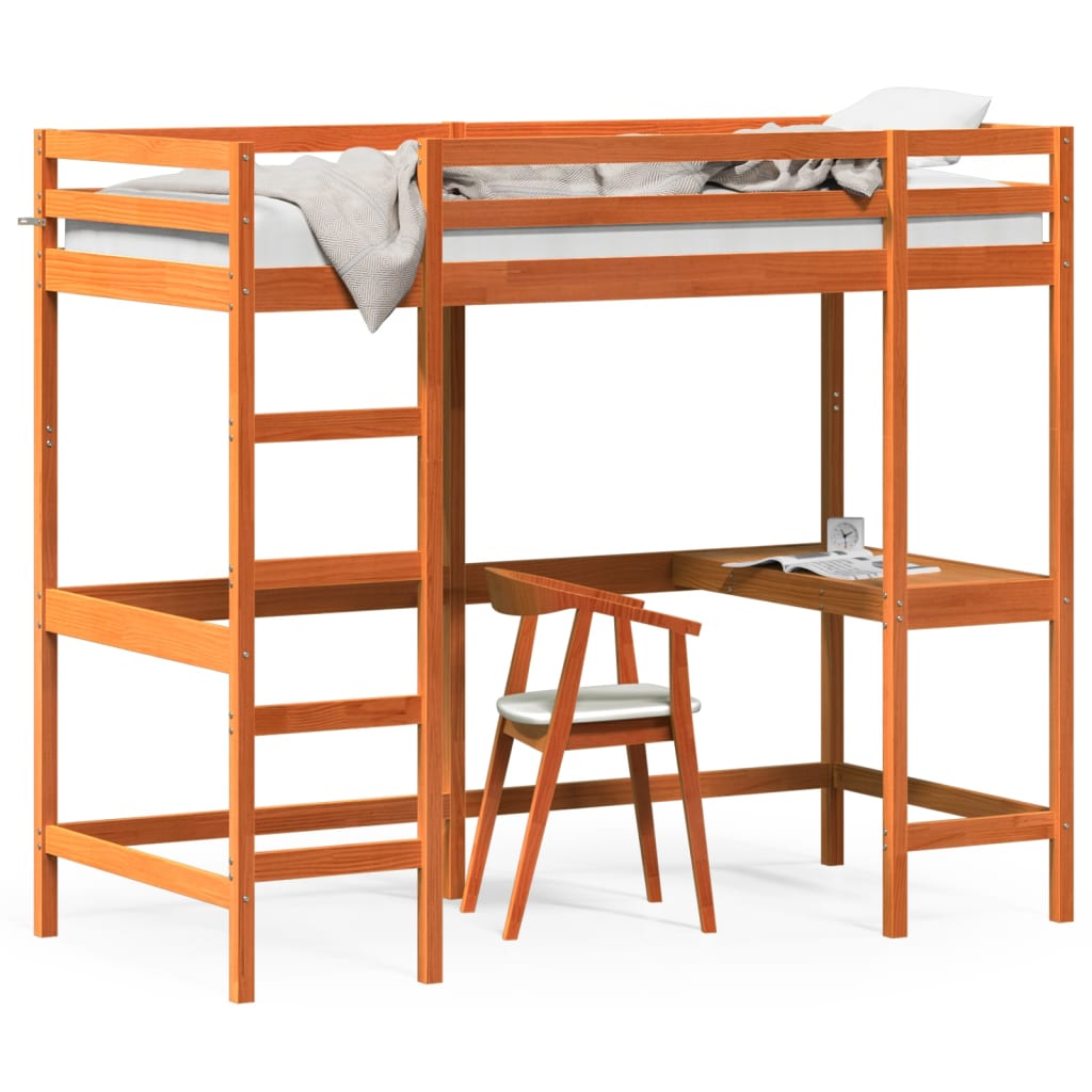 Thumbnail - vidaXL Hochbett mit Schreibtisch Wachsbraun 90x200cm Massivholz Kiefer