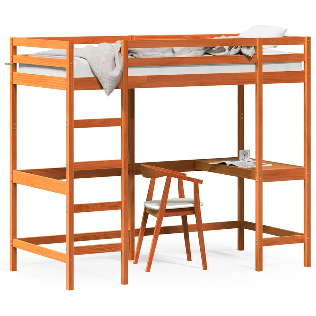vidaXL Hoogslaper met bureau massief grenenhout wasbruin 90x200 cm bruin, foto 3