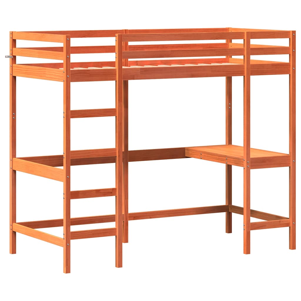 vidaXL Hoogslaper met bureau massief grenenhout wasbruin 90x200 cm bruin, foto 2