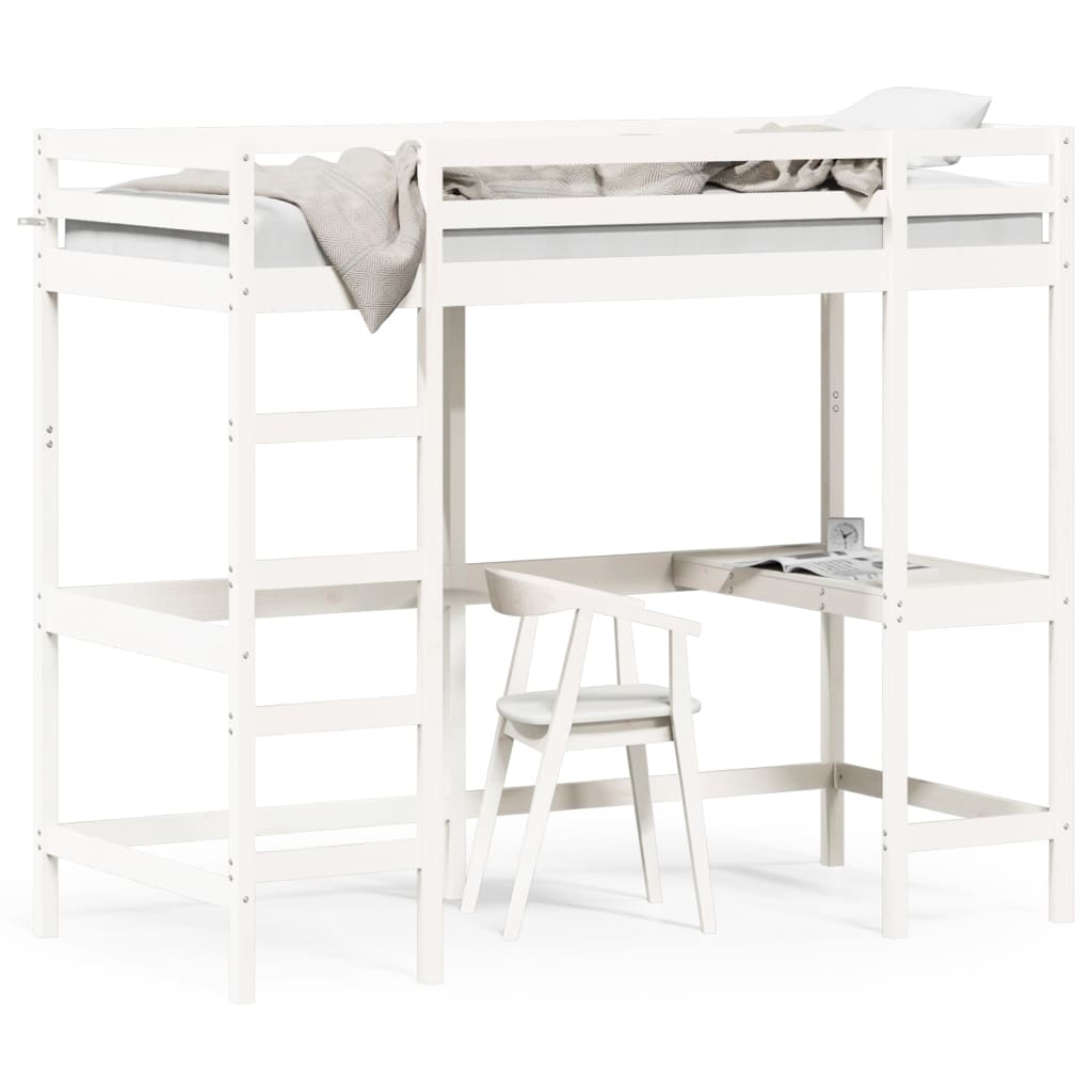 Hochbett mit Schreibtisch Weiß 90×190 cm Massivholz Kiefer