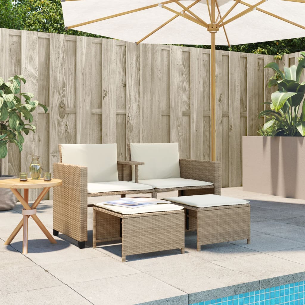 vidaXL Tuinbank 2-zits met tafel en voetenbanken poly rattan beige afbeelding