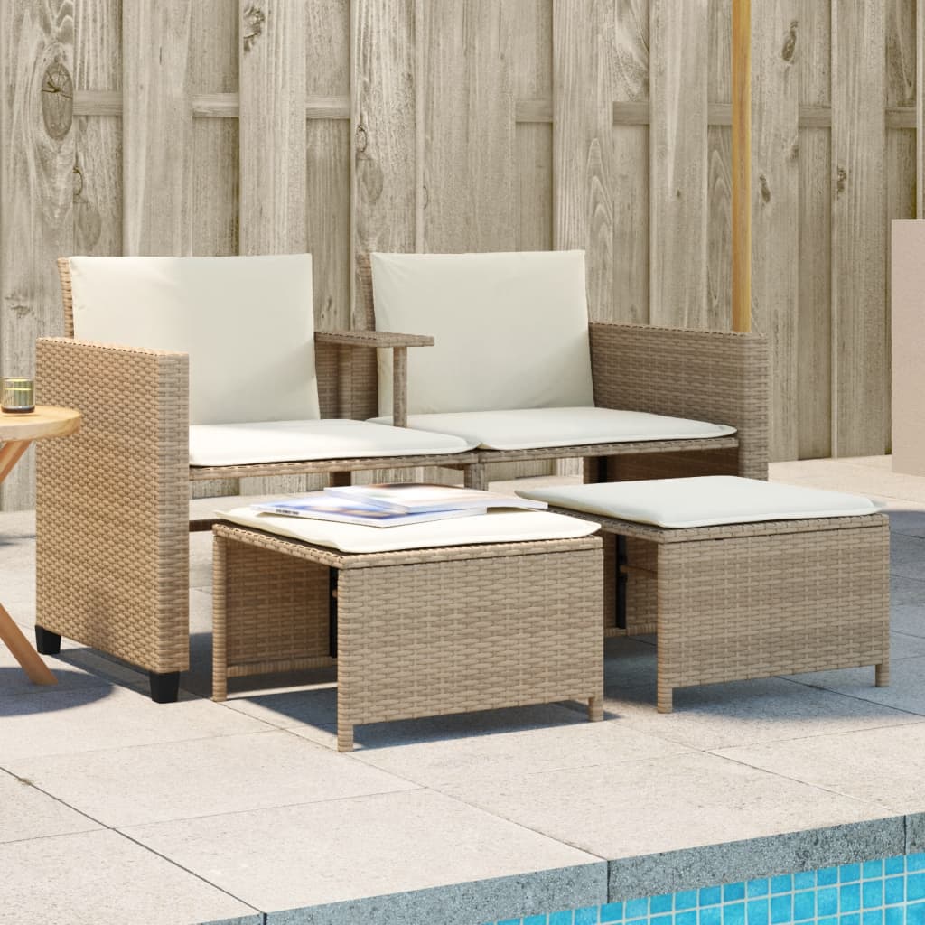 vidaXL Gartensofa 2-Sitzer mit Tisch und Hockern Beige Poly Rattan